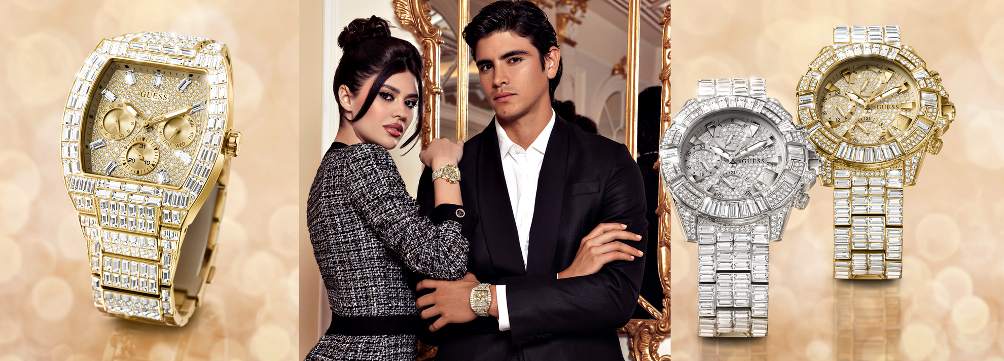 couple wearing black with watches and images of limited edition watches to their left & right