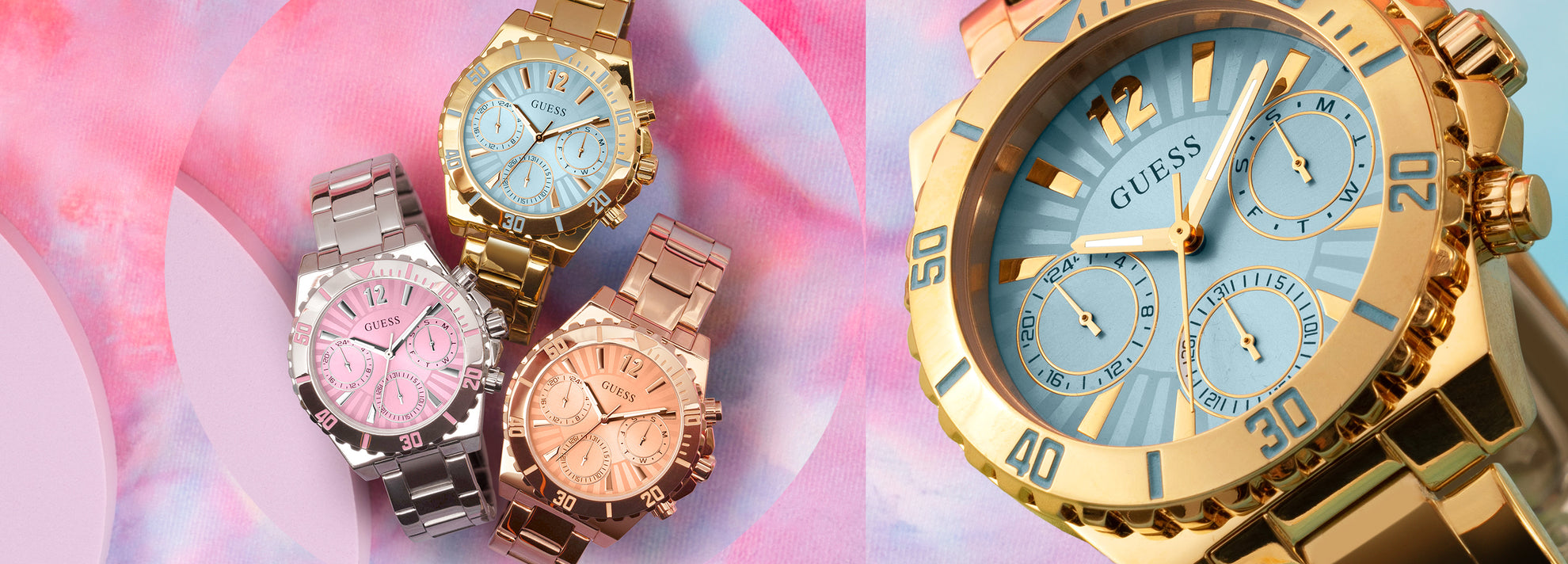 silver, gold and rose gold watches with colored dials on colored background
