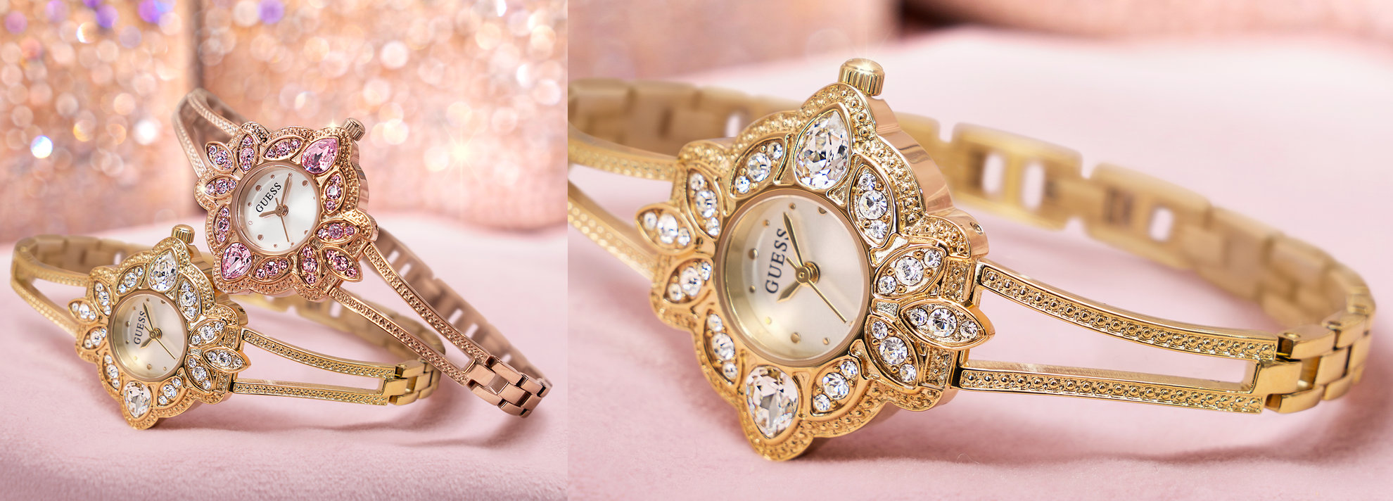 gold and rose gold womens watches with floral shaped case