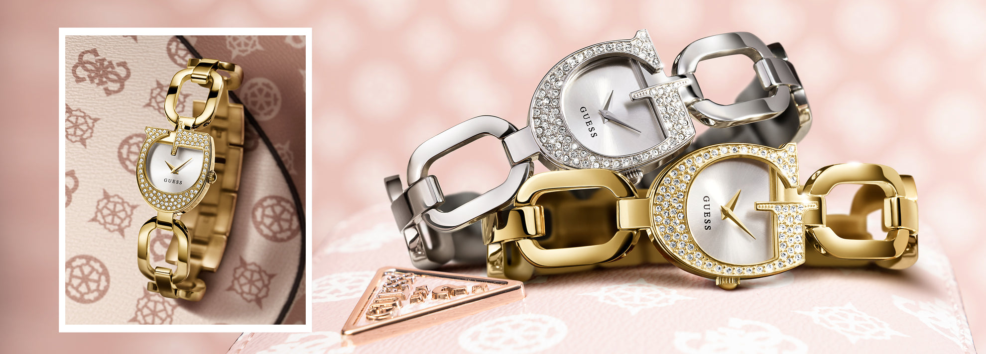gold and silver watches on logo patterned background