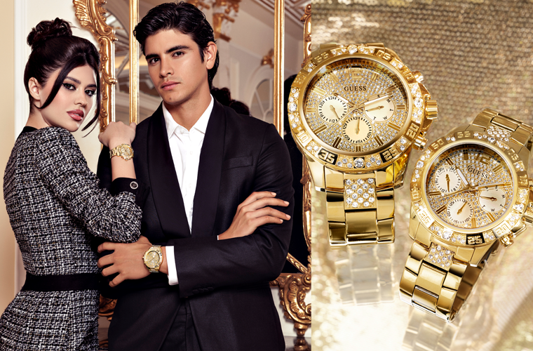 two gold glitz watches and image of couple in black