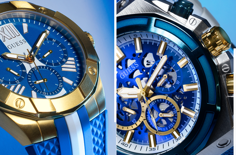 mens blue watches at different angles on a blue background