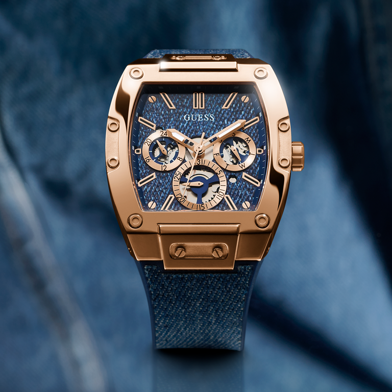 mens denim and rose gold watch