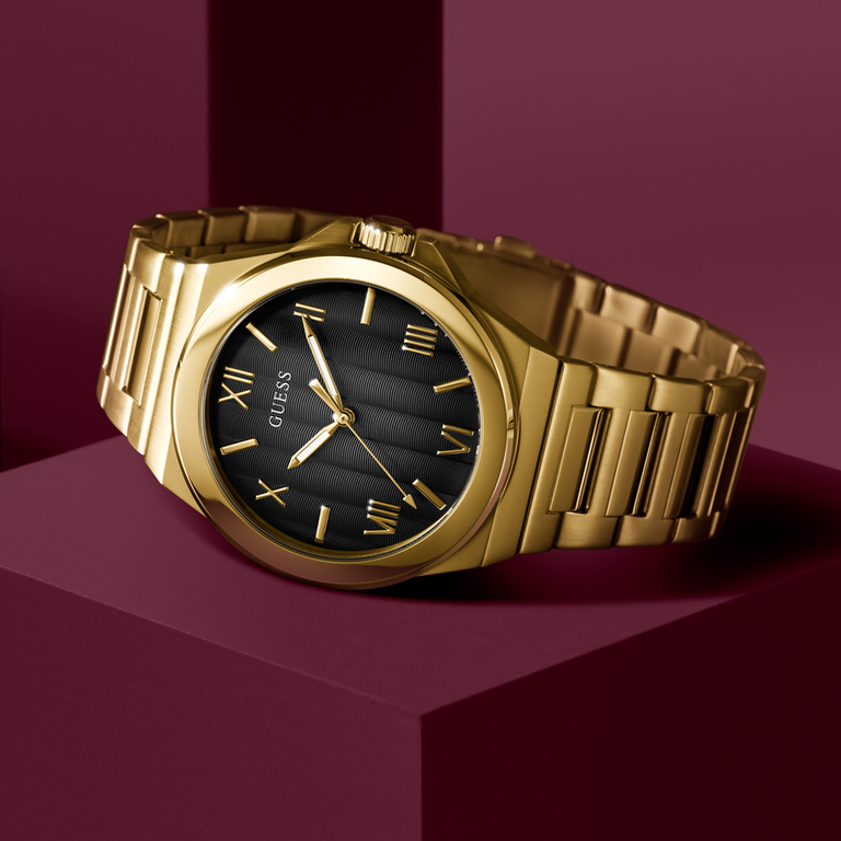 mens gold watch with black textured dial