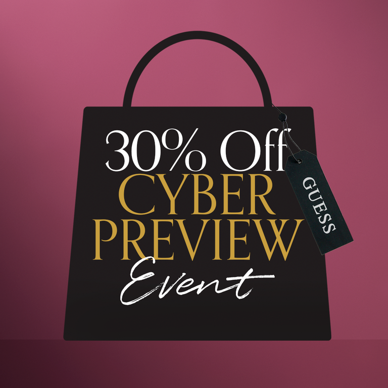 Black shopping bag with '30% Off Cyber Preview Event' text and Guess tag on a pink background