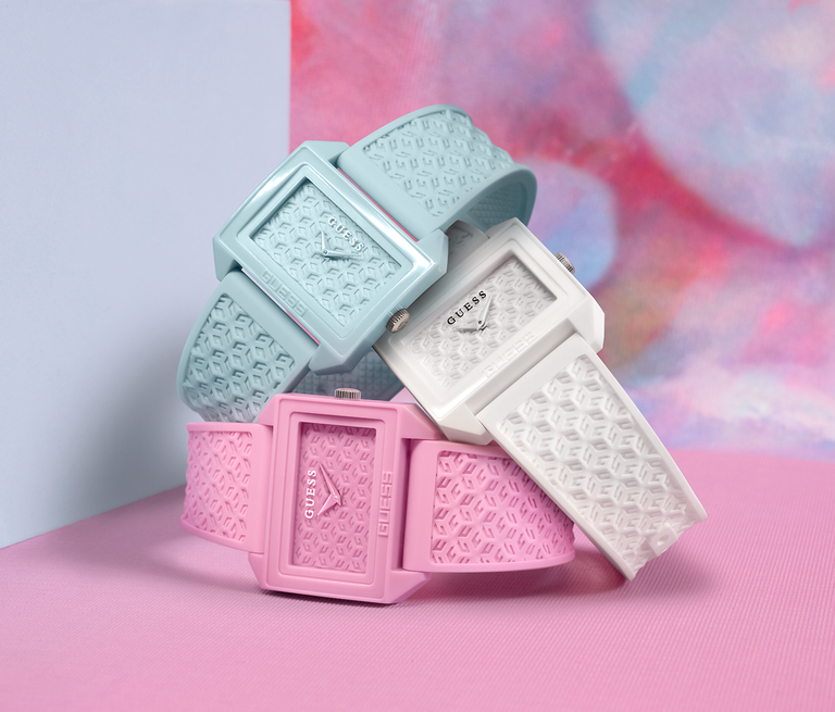 pink, white and blue pastel watches with square dials