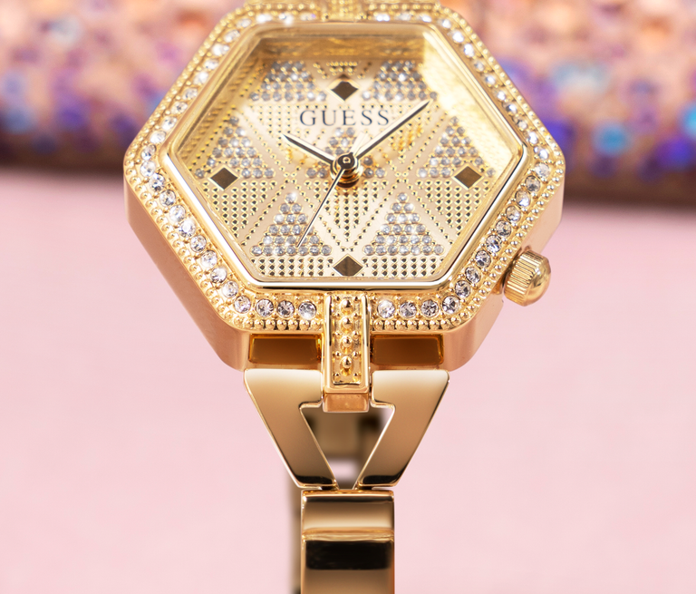 gold womens watch with hexagon shaped case