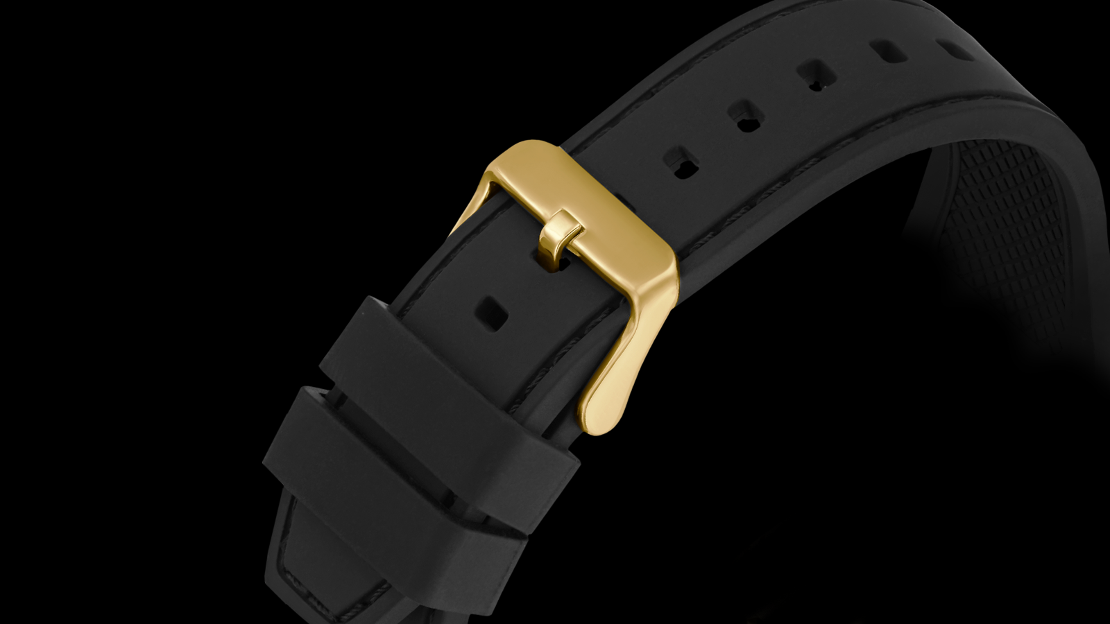 Black watch strap with gold buckle on a black background