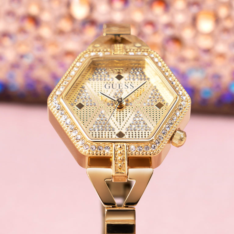 women hexagon shaped womens gold watch close up