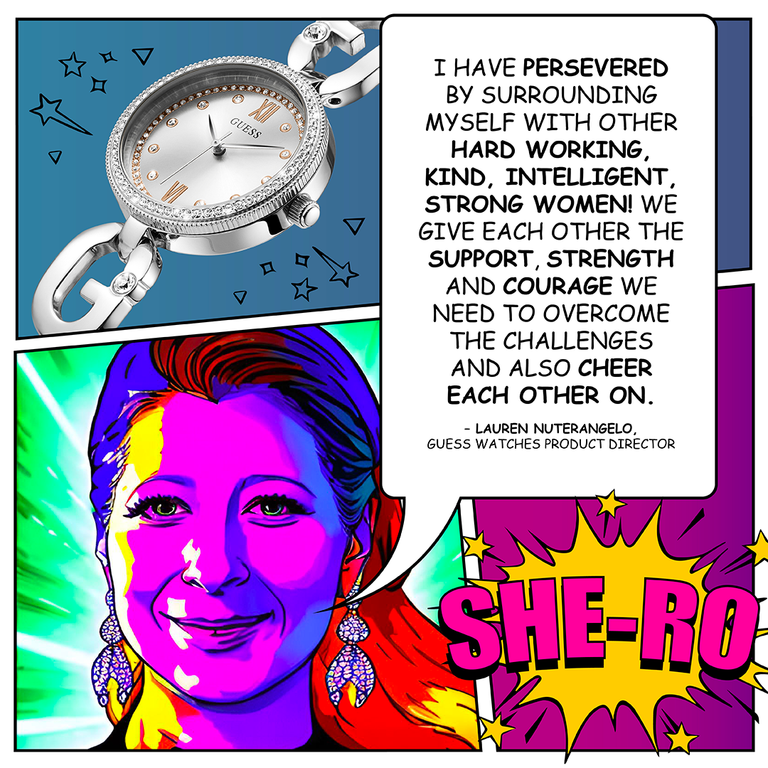avatar of woman on cartoon background with speech bubble and logo in a cartoon burst with silver watch at an angle
