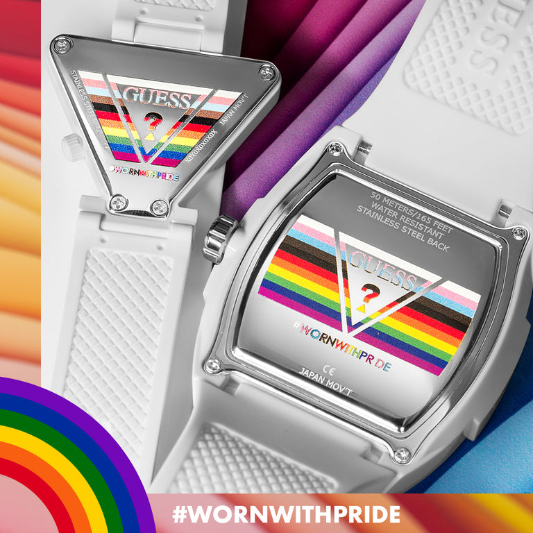 Pride Watch caseback on rainbow background with rainbow logo and worn with pride hashtag
