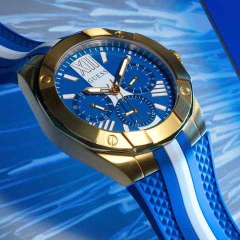 mens blue sport watch at an angle with gold bezel