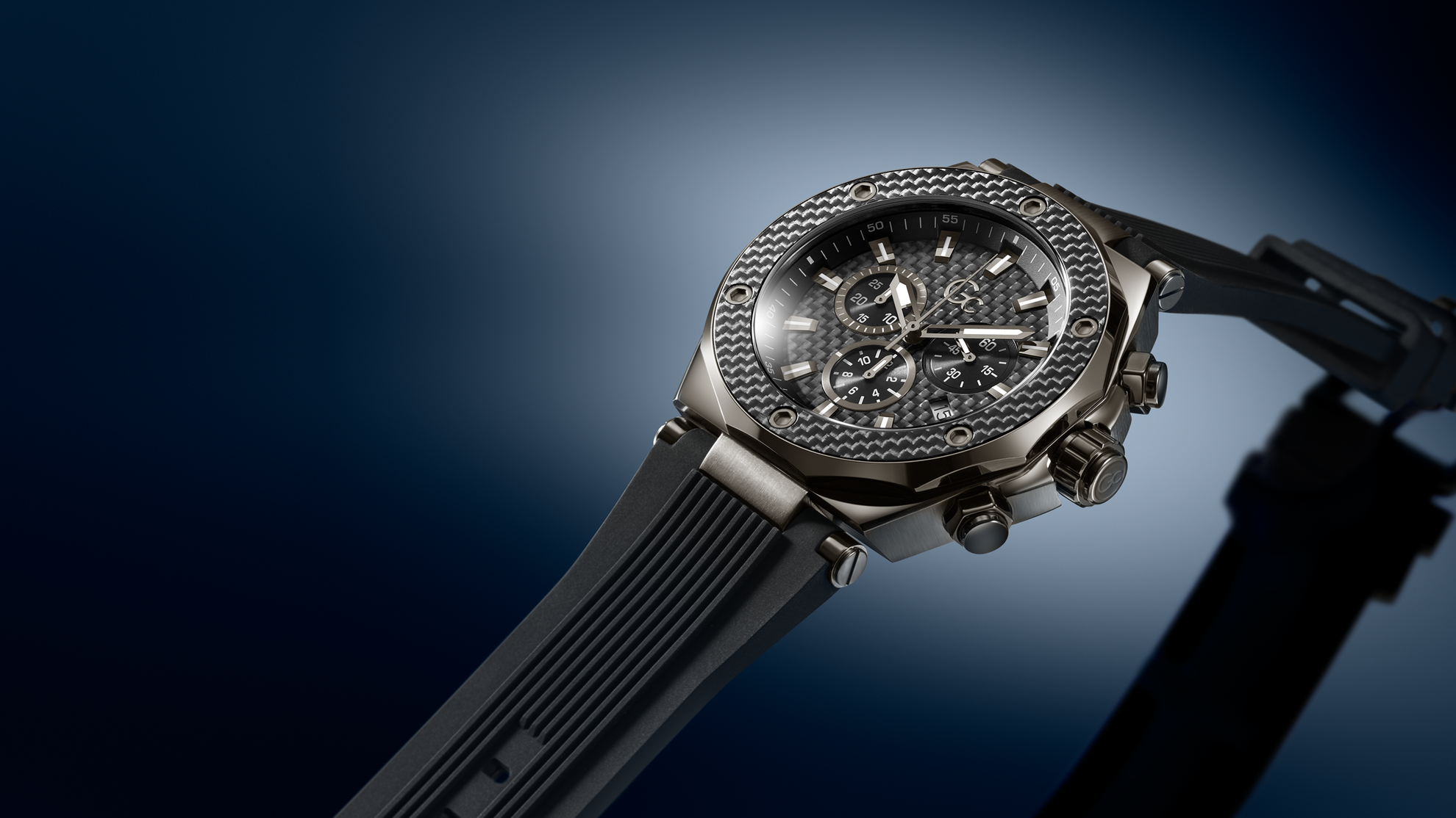 Gc Legacy Chrono Silicone mens watch with carbon fiber dial lying on side