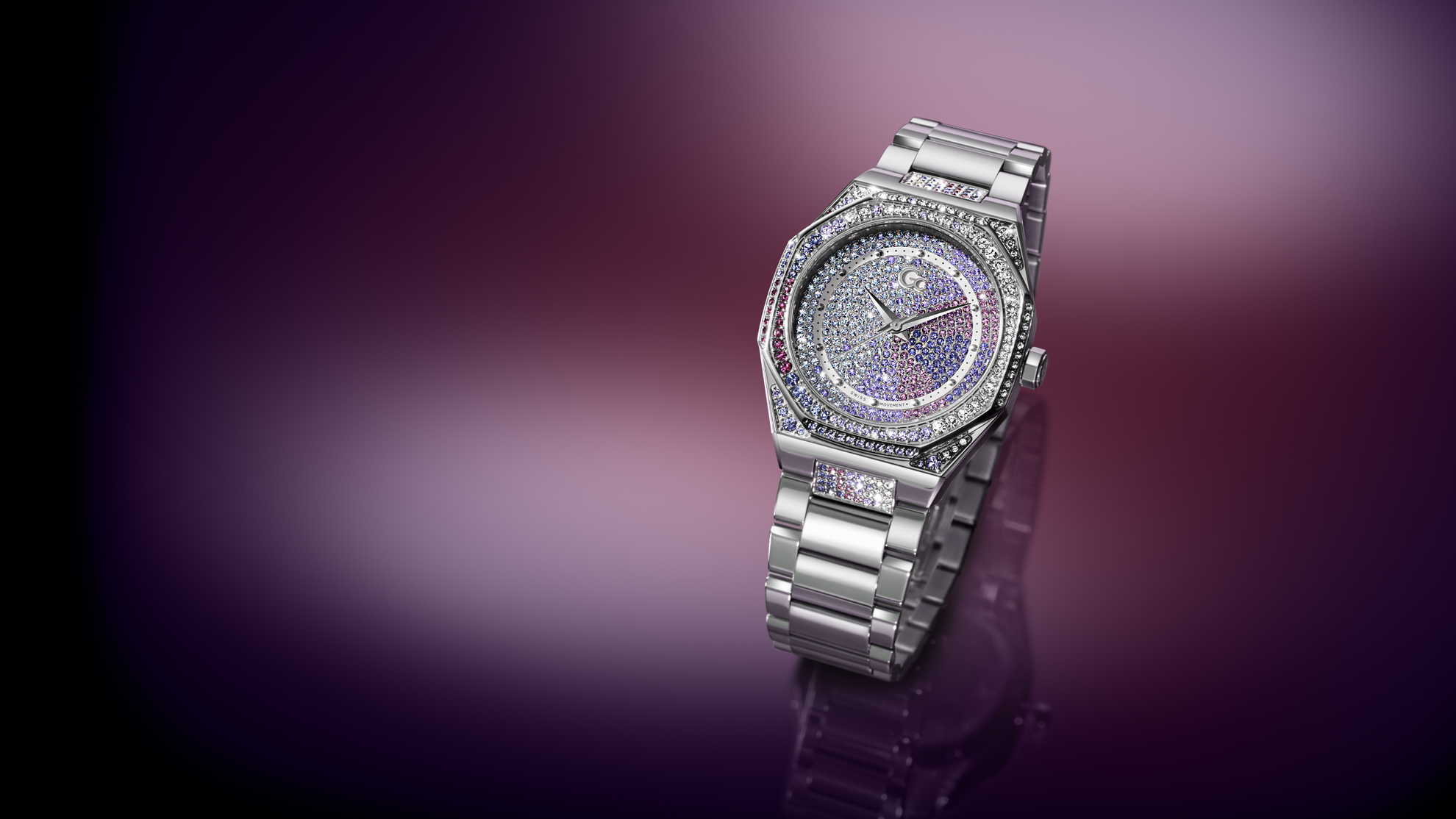 Luxury diamond-encrusted Z25011L3 watch on a purple gradient background