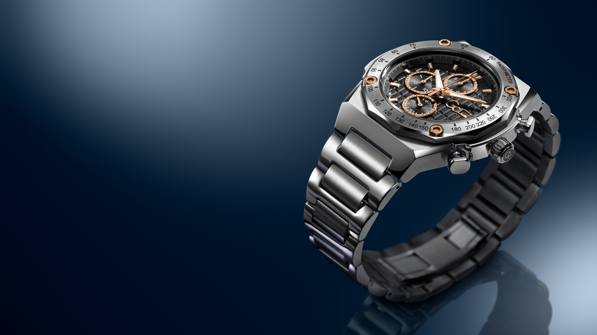 Z68002G2 watch with a metallic band on a dark blue gradient background