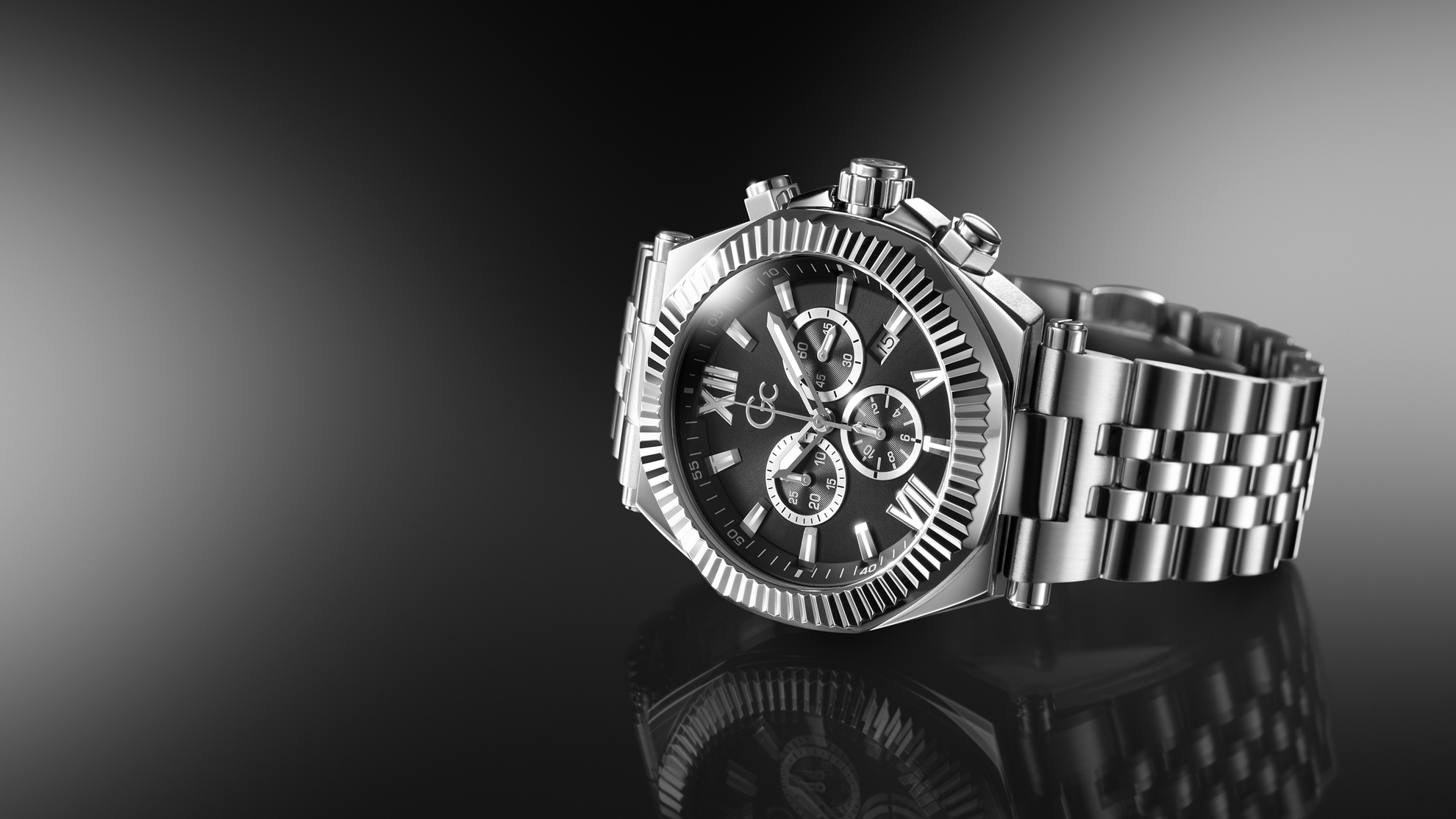 Silver wristwatch Z66001G2 with a reflective surface on a dark background