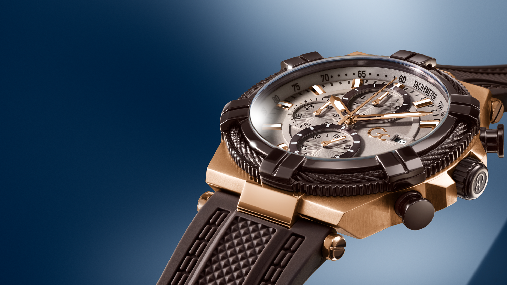 Gc IronForce Chrono Silicone watch with intricate design on a blue gradient background