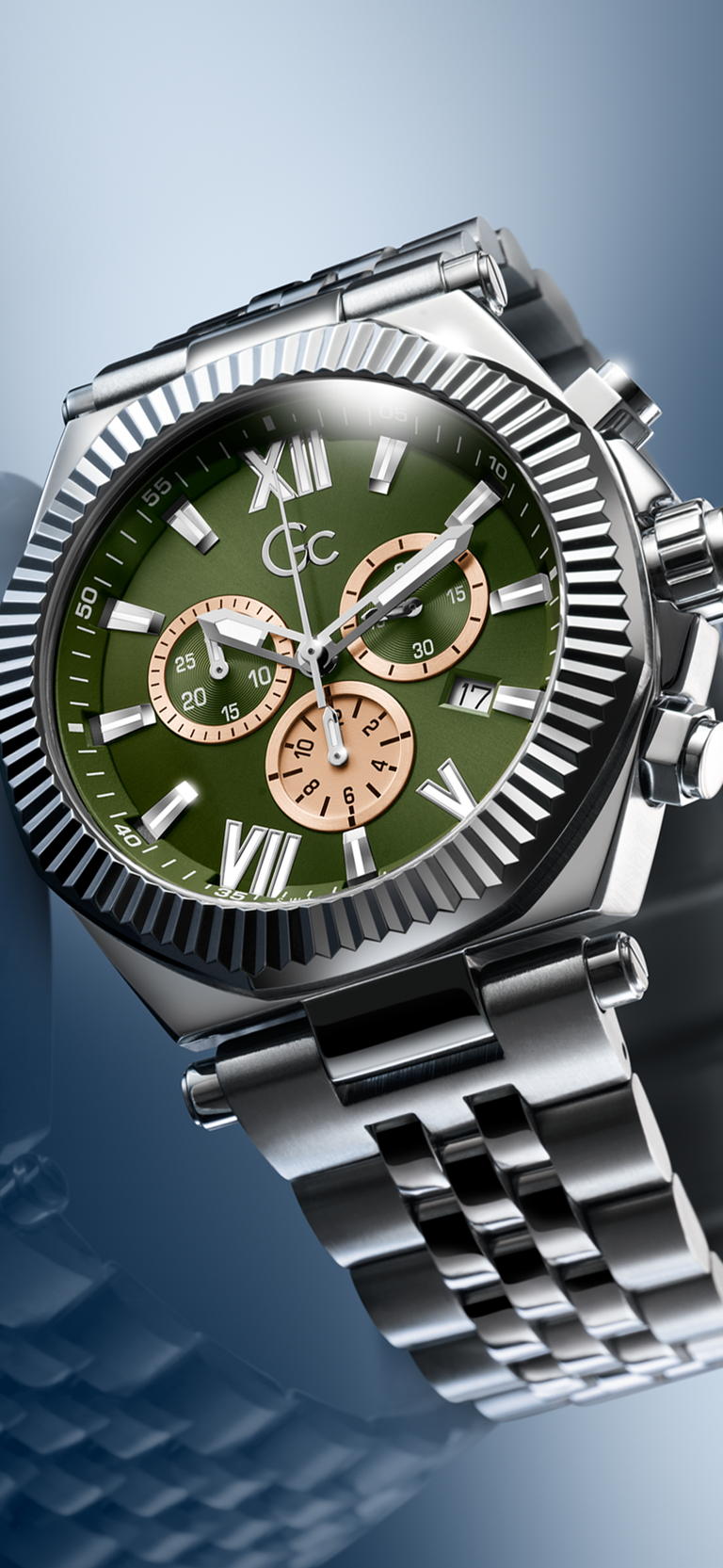 Silver watch Z66004G9 with a green face on a blue gradient background