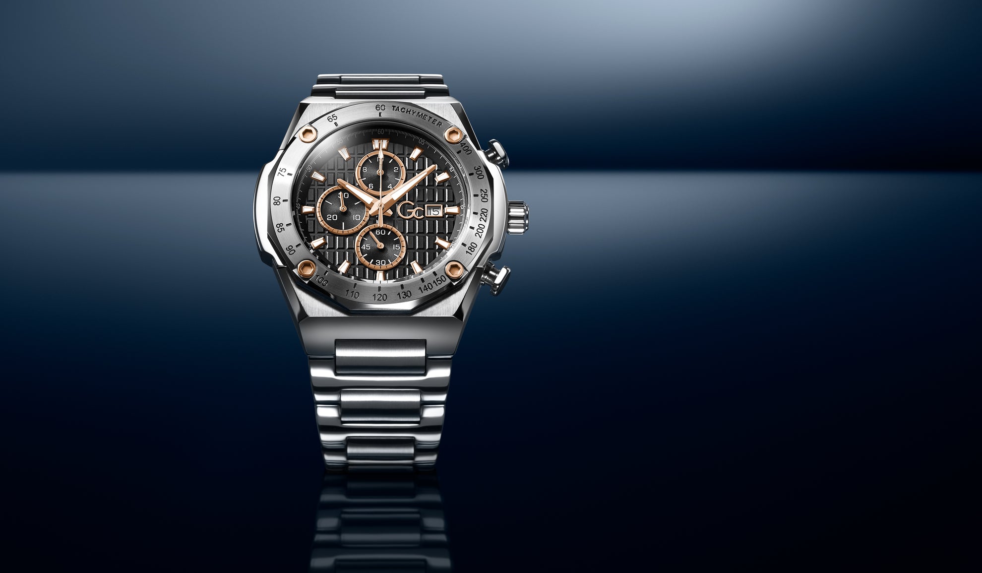 Z68002G2 watch with a metallic band on a gradient blue background