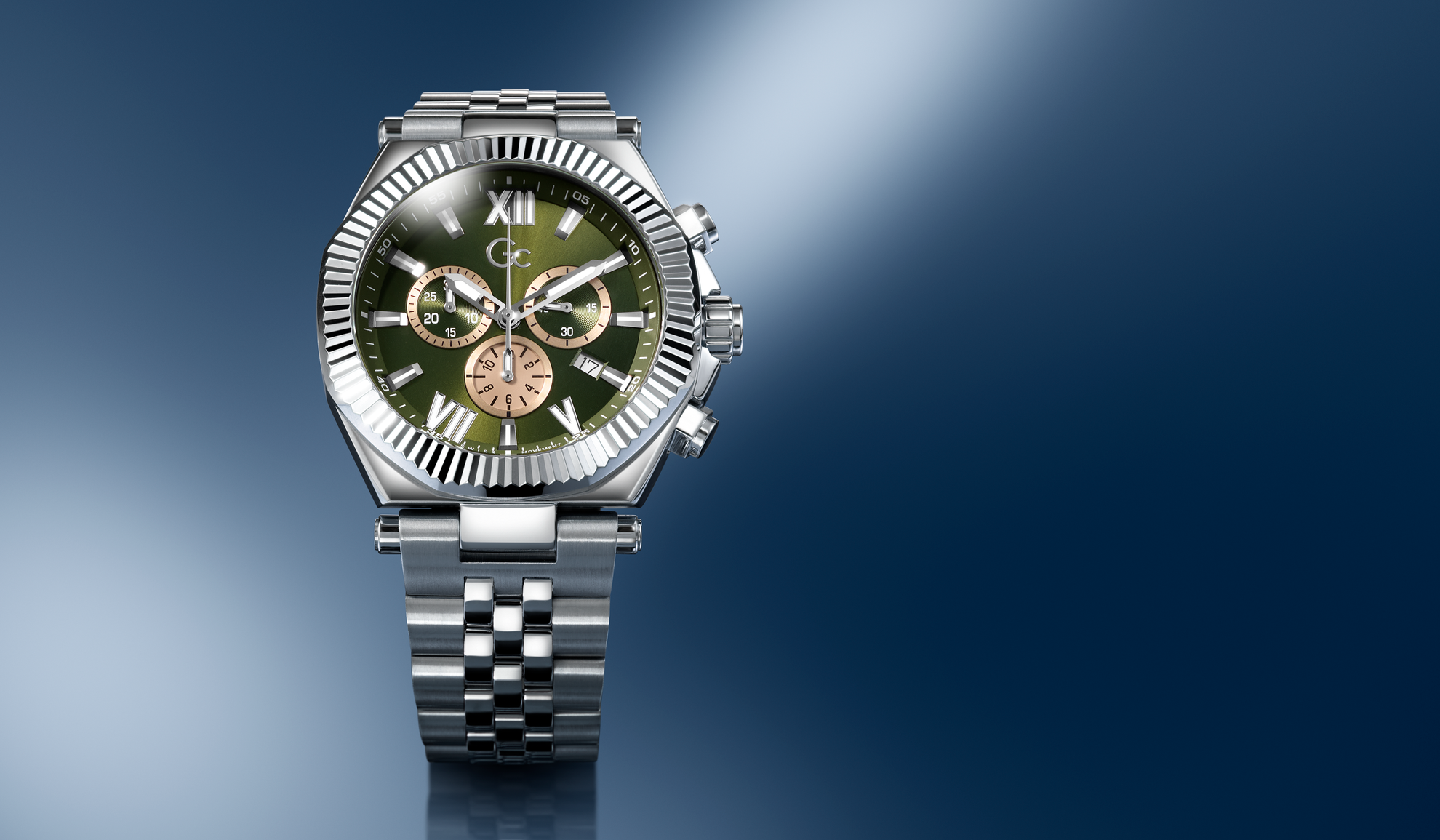 Silver watch Z66004G9 with a green face on a blue gradient background