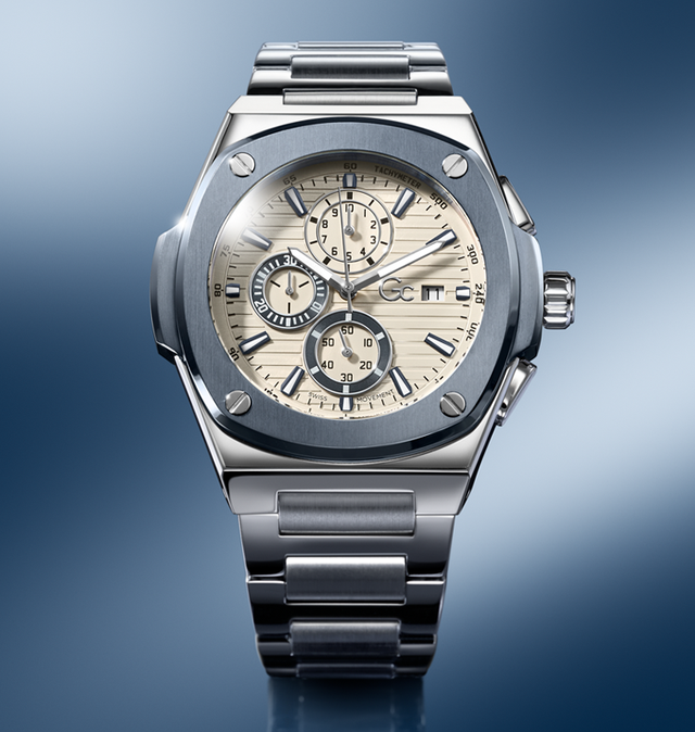 Silver watch Y99023G1 with a detailed face on a gradient blue background