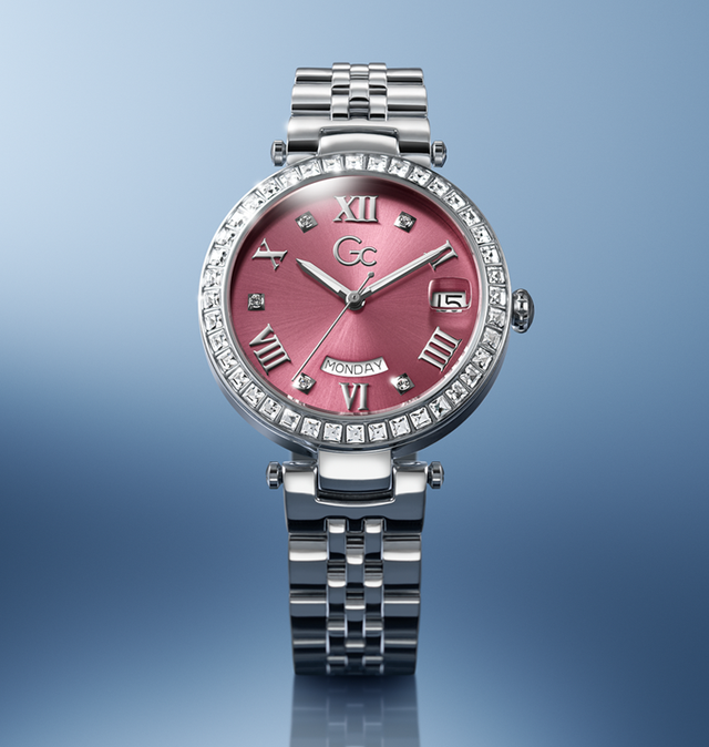 Silver watch Z01024L3 with a pink face and diamond accents on a gradient blue background