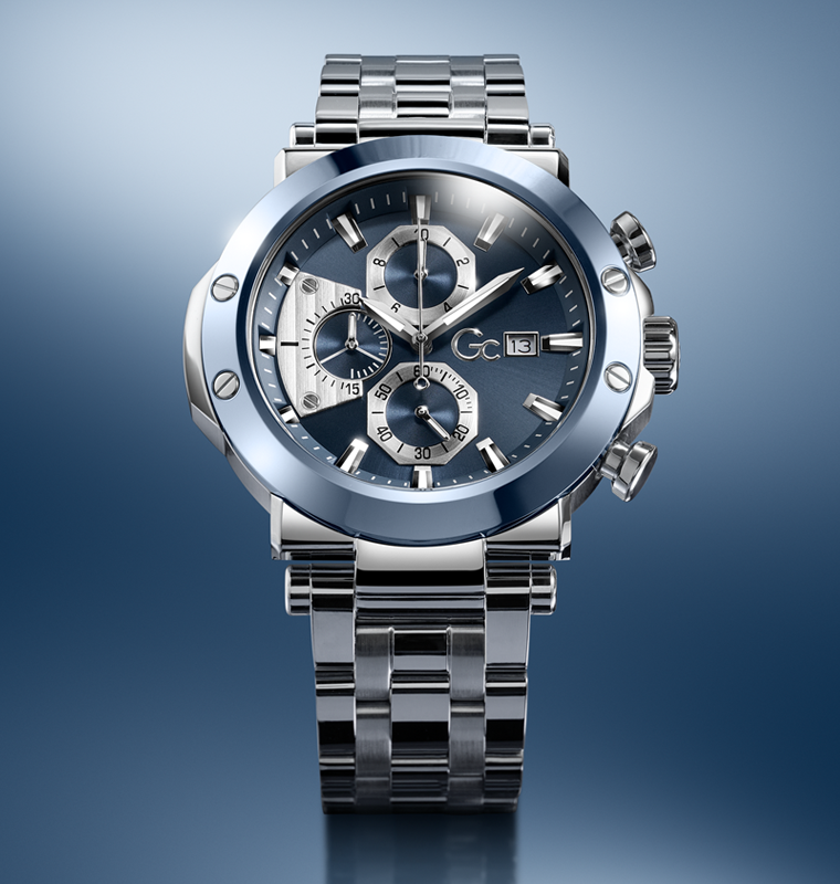 Gc TechnoForce Chrono Metal watch with detailed face on a gradient blue background