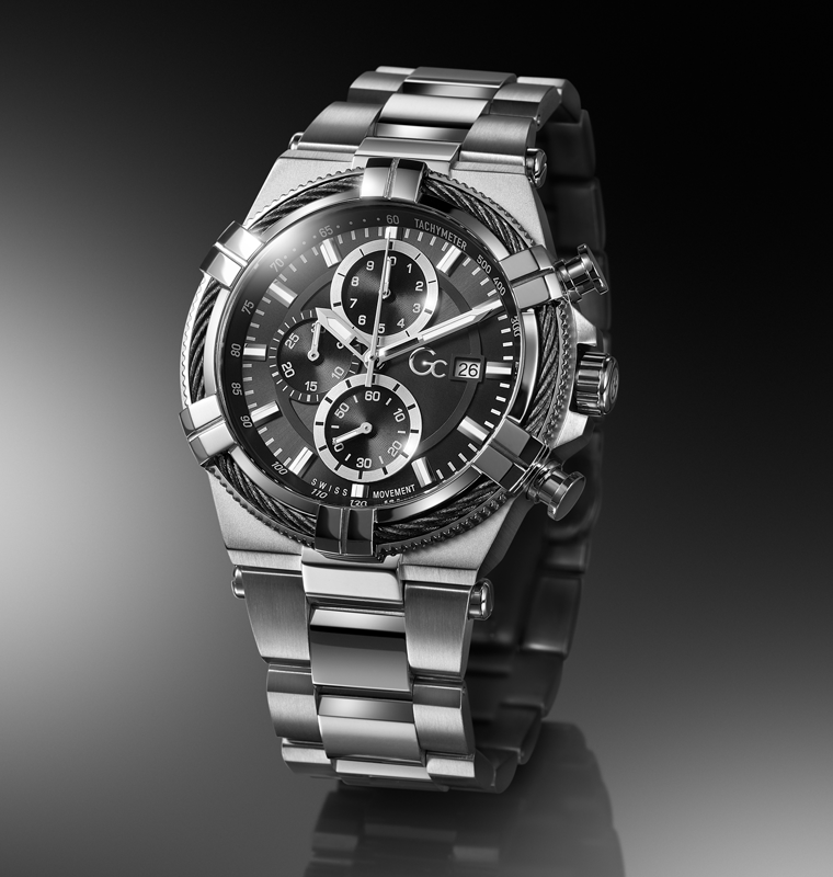 Silver wristwatch Z76001G2 with a black face on a reflective surface