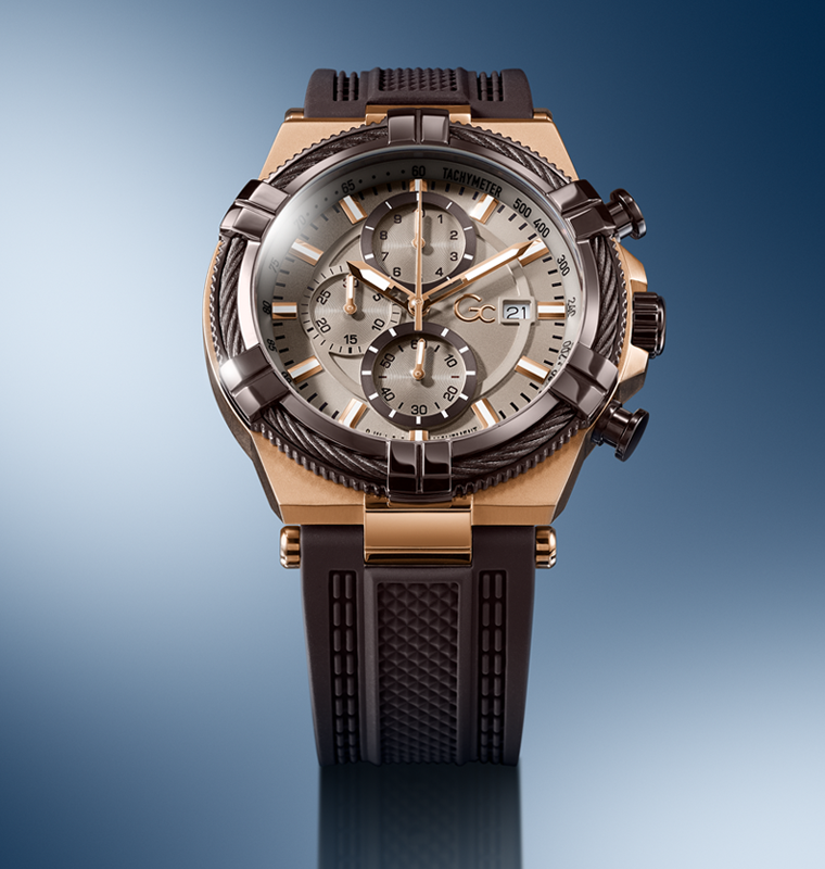 Gc IronForce Chrono Silicone watch with detailed design on a gradient blue background