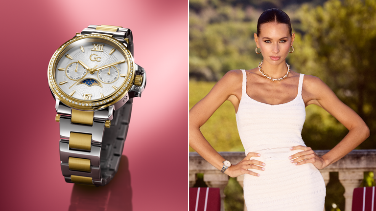 Two watches side by side, one on a pink background and the other worn by a woman outdoors.