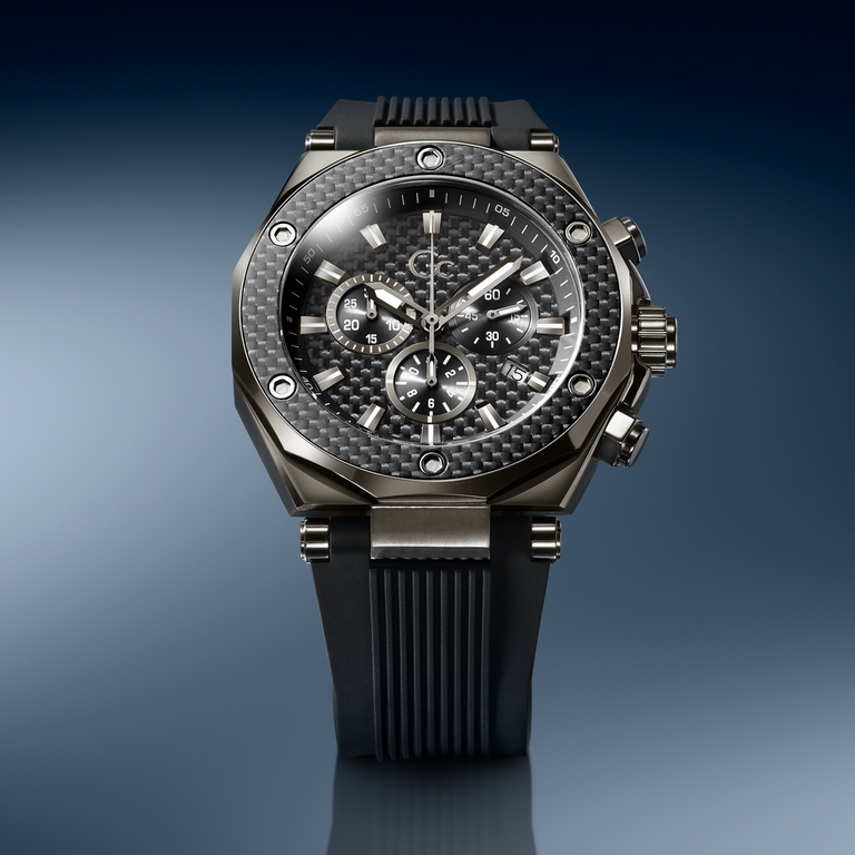 Luxury black Gc watch with chrono dial on a gradient blue background