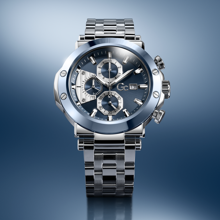 Silver wristwatch with detailed face on a gradient blue background