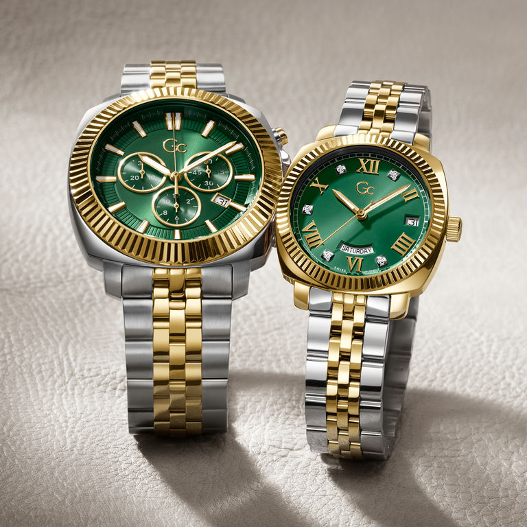 two tone Gc watches with green dials