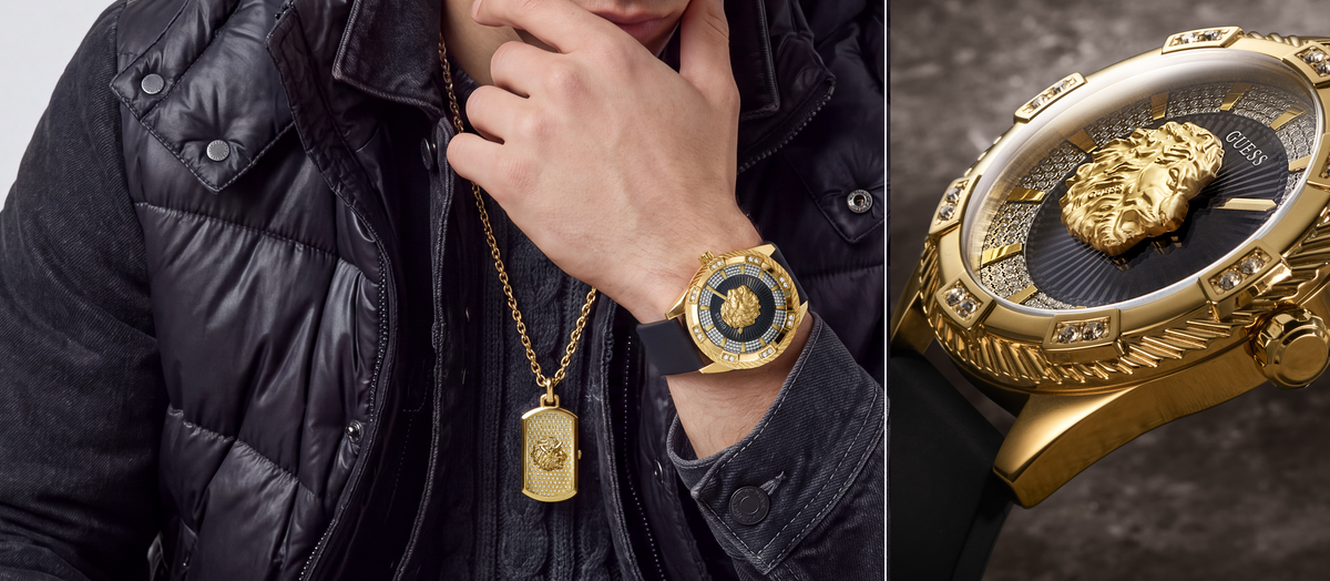 A luxury gold-tone watch with a black dial and a prominent lion head logo on the face, shown worn on a model's wrist alongside a gold chain necklace. The right side of the image is a close-up of the watch dial and case.