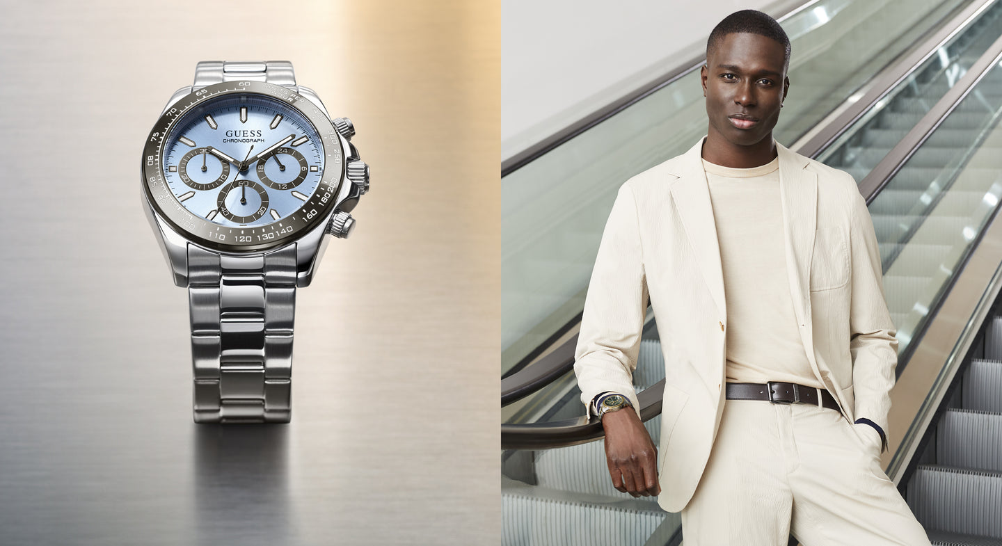 Split image with a luxurious watch on the left and a man in a suit on the right.