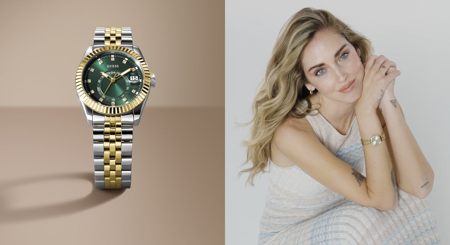 womans two tone watch with green dial on woman on right