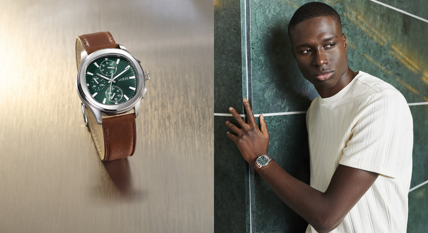 Watch with brown leather strap on a metallic surface and a person wearing a watch on a tiled wall.