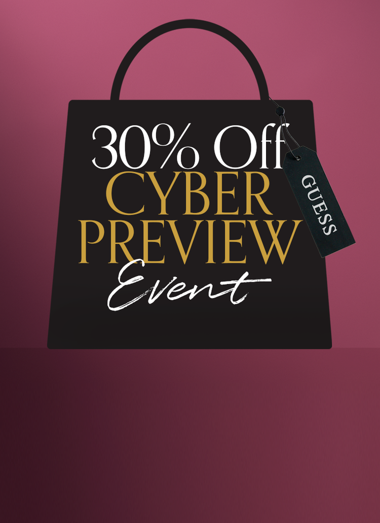 Black shopping bag with '30% Off Cyber Preview Event' text and Guess tag on a purple background