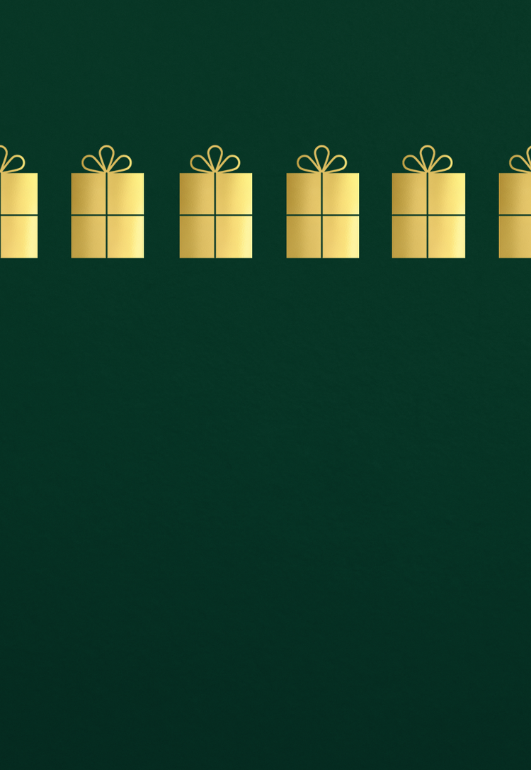 Gold gift boxes with ribbons on a green background