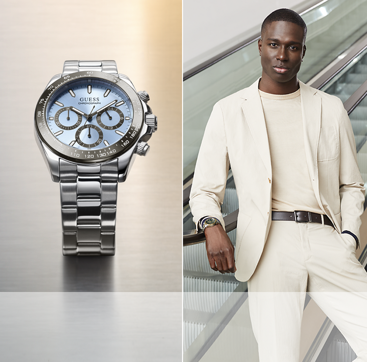A split image showing a Guess stainless steel chronograph watch on the left, and a male model in a cream suit wearing the watch on the right.
