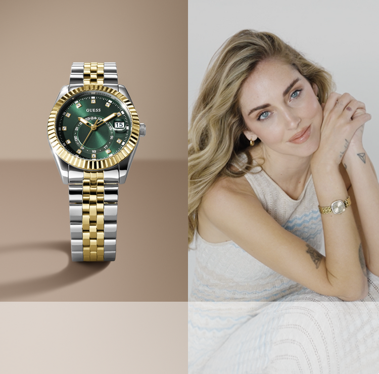 A two-tone wristwatch with a green dial and gold-and-silver metal bracelet is shown on the left against a beige background, while a woman wearing the watch appears on the right against a light gray background.