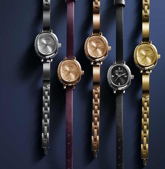 Five Guess watches with different colored straps on a dark blue background