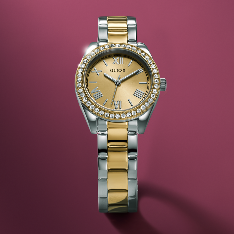 womens dress watch in gold and silver with crystals on the bezel