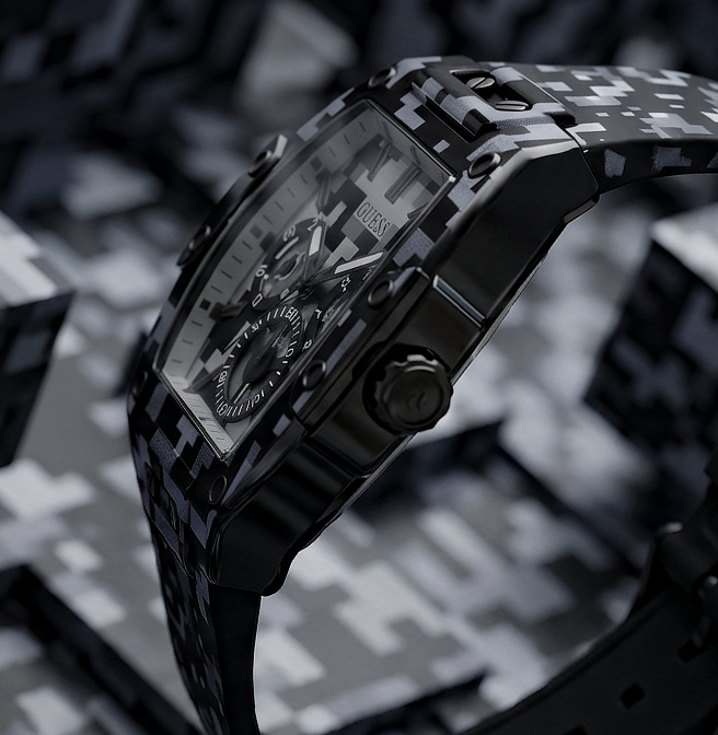 A close-up of a black digital camouflage-patterned watch with a matching black strap, set against a blurred background of the same pattern.