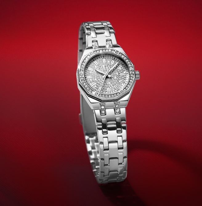 Silver watch with a red background