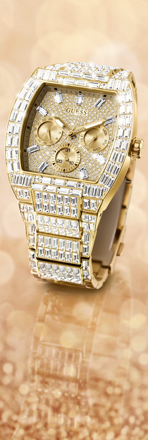 gold mens with with crystals on band, case and dial