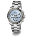 Silver Guess watch with a blue face on a white background