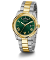 Two-tone silver and gold watch with green dial on a white background