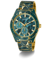 Marbled green and gold watch with Guess branding on a white background