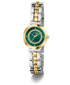 Two-tone gold and silver watch with a green face on a white background